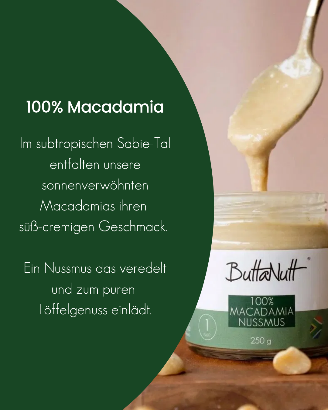 Löffel mit cremigem 100 % Macadamia Nussmus von ButtaNutt über dem offenen 250-g-Glas