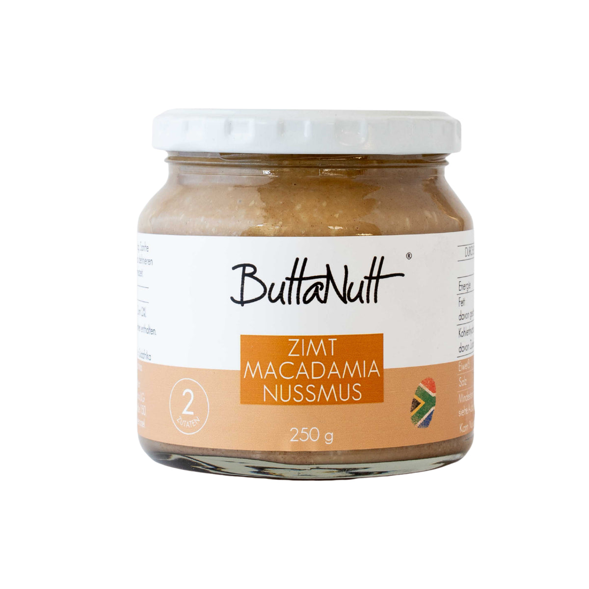Zimt Macadamia Nussmus von ButtaNutt im 250-g-Glas, Vorderansicht