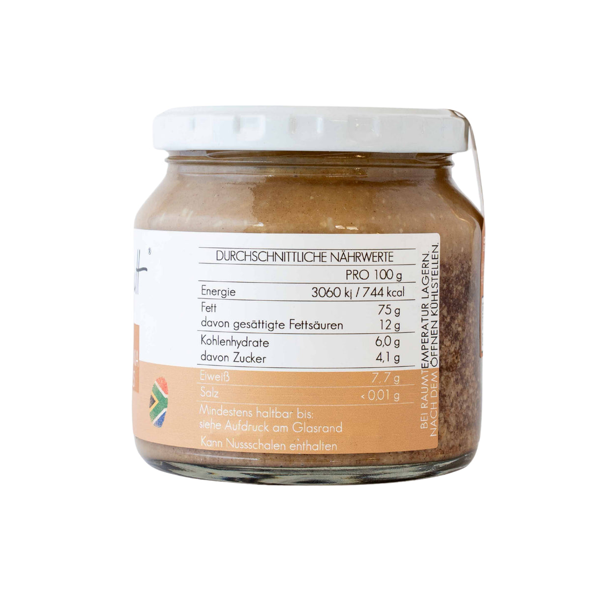Zimt Macadamia Nussmus von ButtaNutt, Seitenansicht des Glases