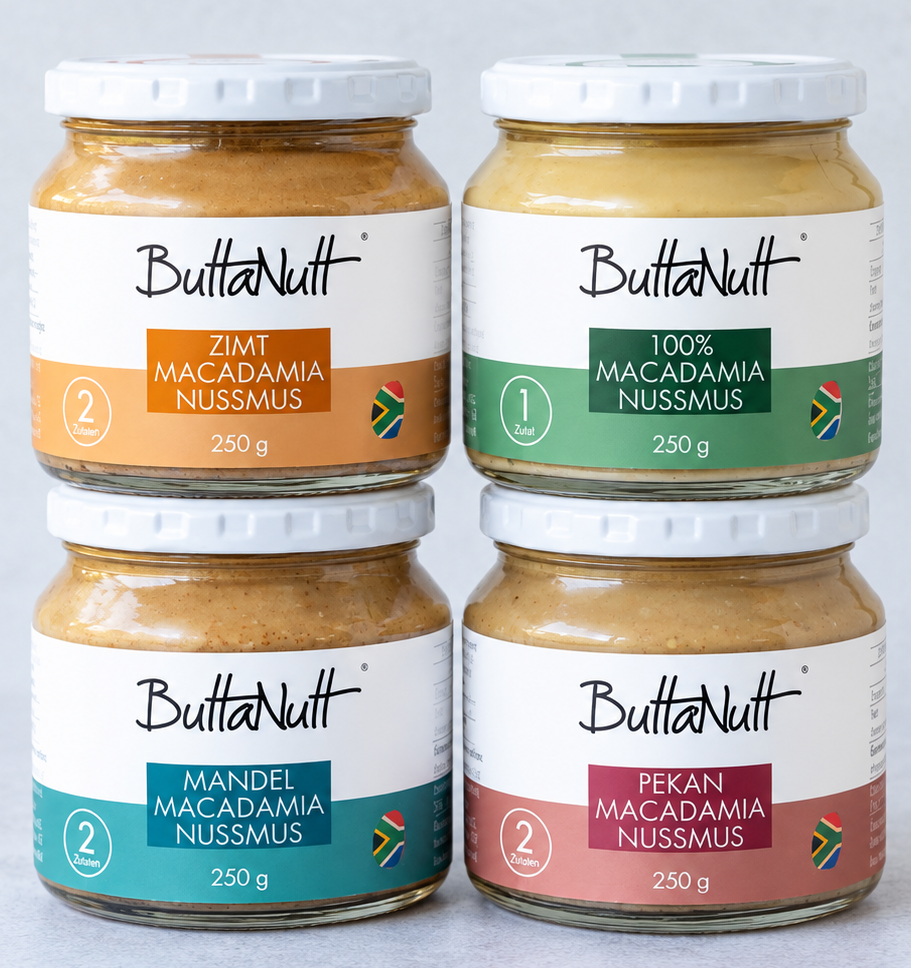 Macadamia Power Set von ButtaNutt mit vier Macadamia-Nussmus-Sorten