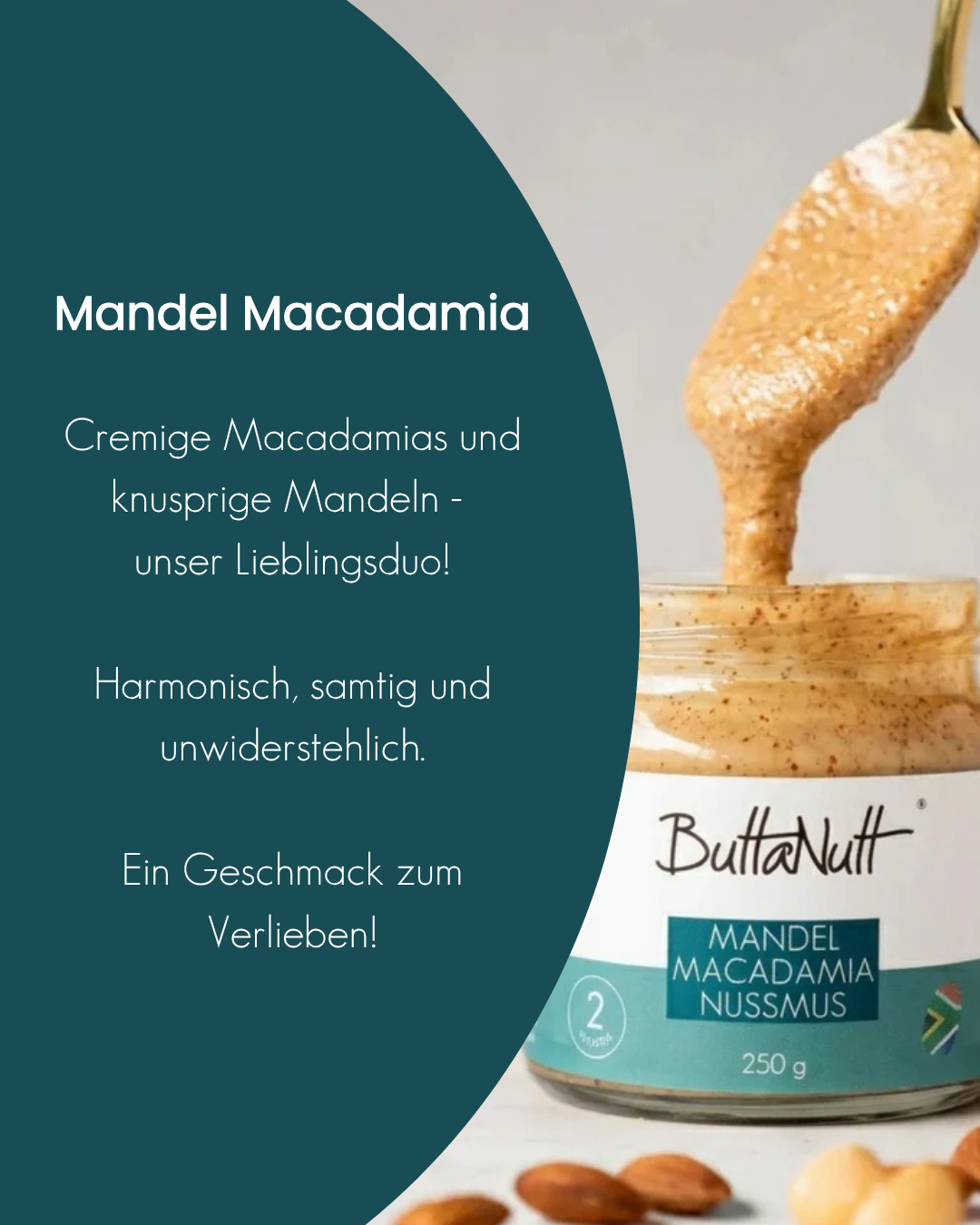 Löffel mit cremigem Mandel Macadamia Nussmus von ButtaNutt über dem offenen 250-g-Glas