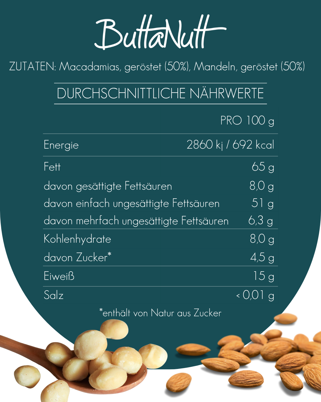 Zutaten und Nährwerttabelle pro 100 g für Mandel Macadamia Nussmus von ButtaNutt
