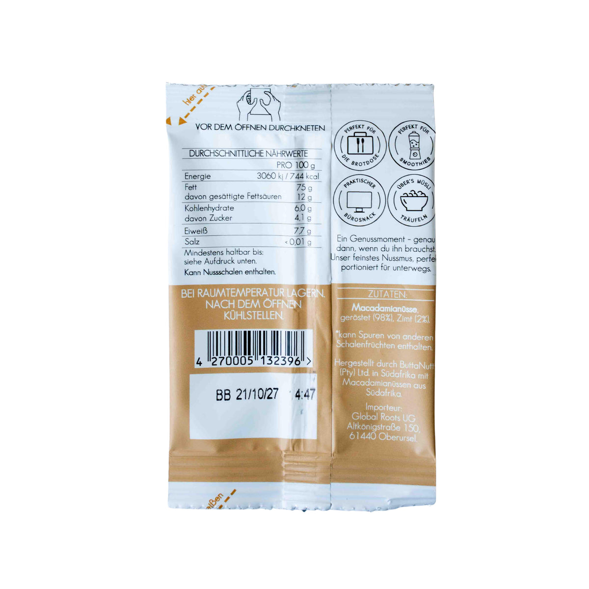 Squeeze Pack Zimt Macadamia Nussmus 32 g von ButtaNutt, Nahaufnahme der Verpackung