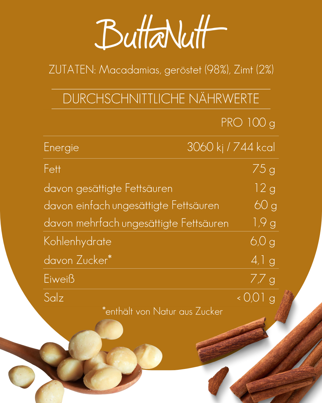 Zutaten und Nährwerttabelle pro 100 g für Zimt Macadamia Nussmus von ButtaNutt